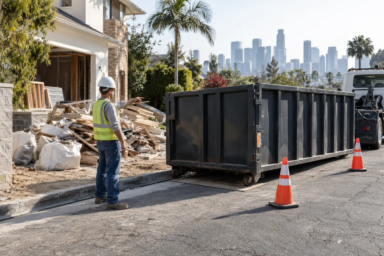 Contractor checking construction dumpster placement