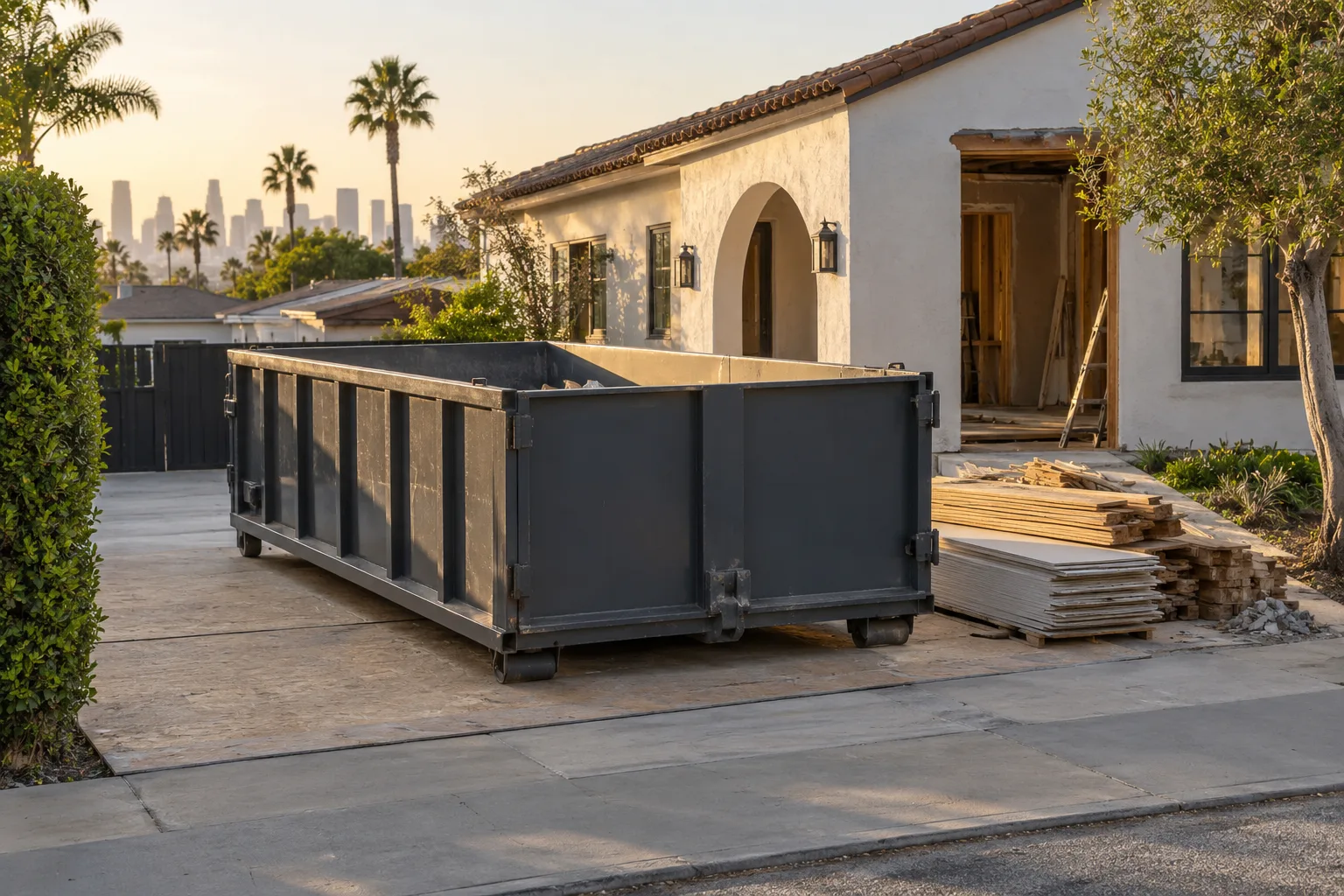 Roll-off dumpster at a Los Angeles home renovation